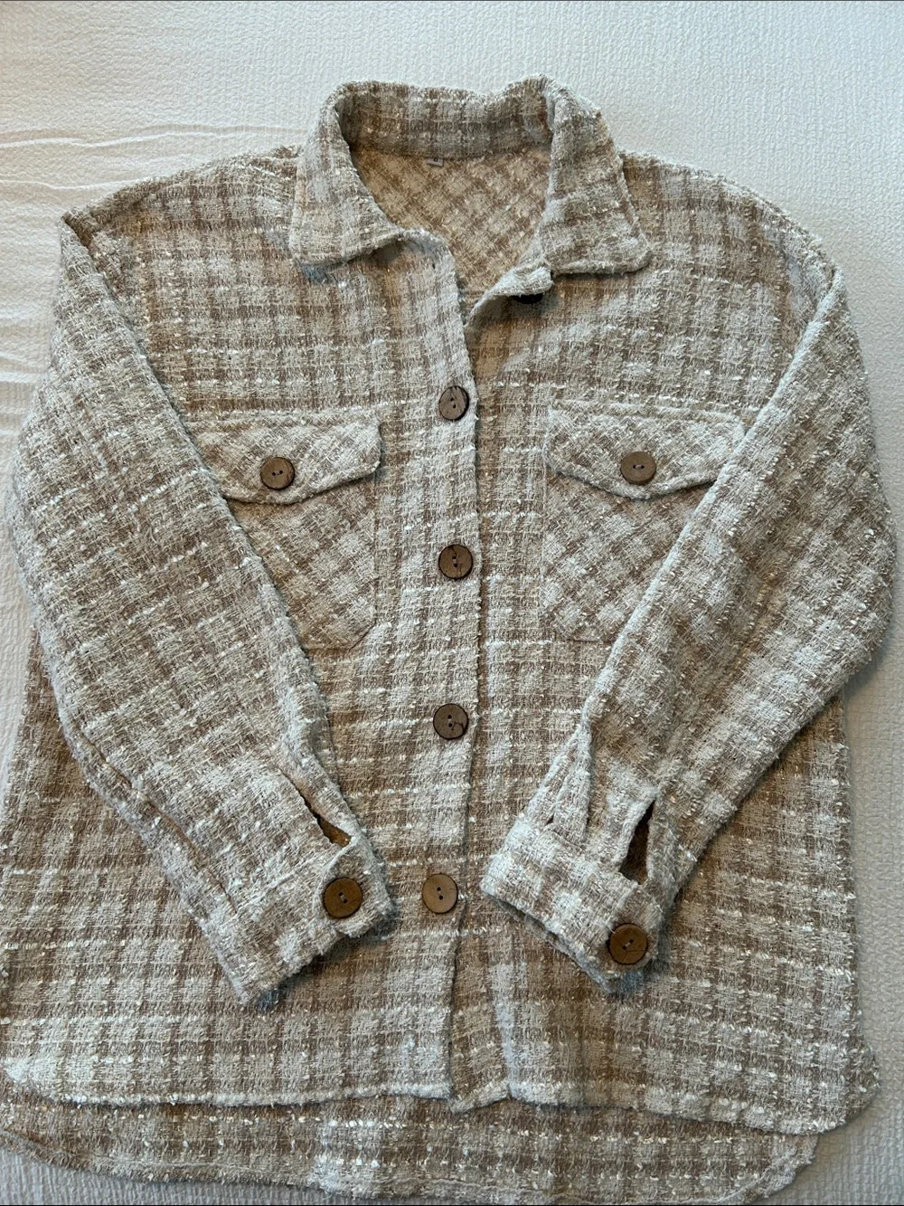 SHEIN Beige Plaid Button-Up Utility Shacket